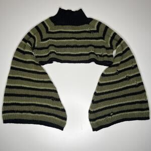 Y2K Grunge Distressed Cropped Sweater Green Black Striped Bell Sleeve Romwe M